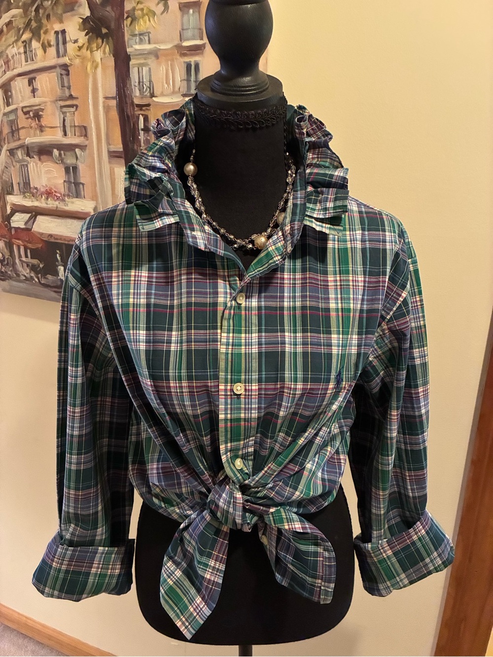Ralph Lauren Green Plaid Ruffle-Collar Tie-Front Button Down Shirt